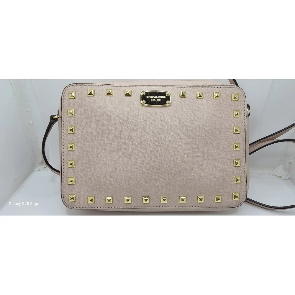 Michael Kors Pink Saffiano Leather Studded Crossbody Bag Gold Tone Hardware